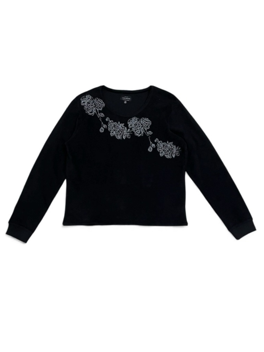 Lucky Brand Black Brushed Fleece Pullover with Metallic Florals Size Large
